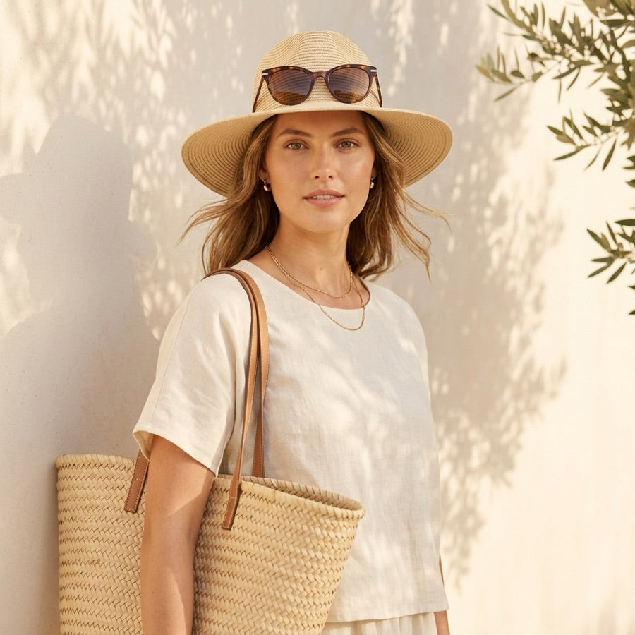 A woman with a straw hat, sunglasses and a woven tote bag