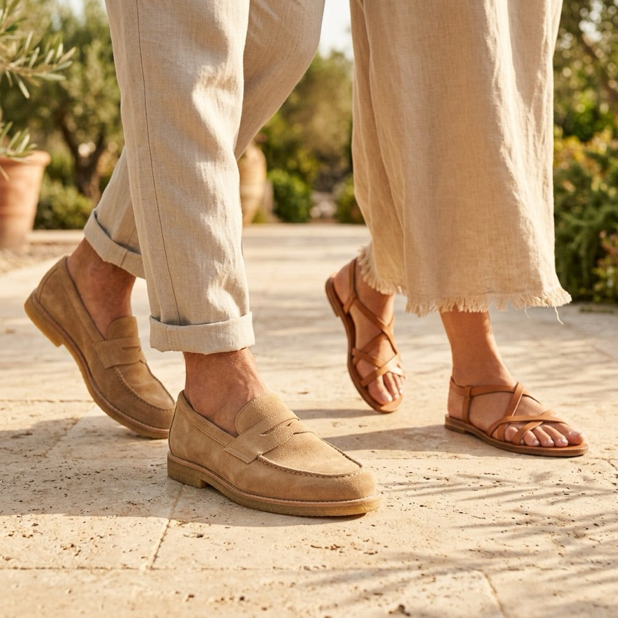 Suede loafers and leather sandals on sunlit stone